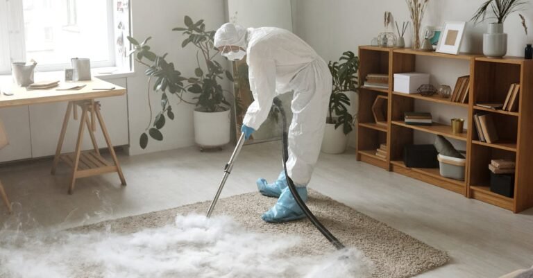 A woman in protective gear disinfects a carpet indoors to ensure safety during the COVID-19 pandemic.